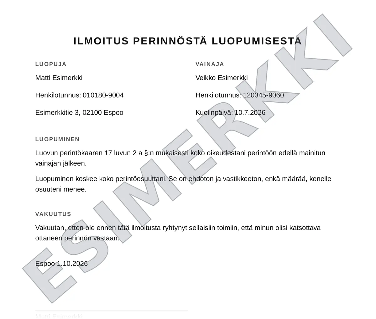 Luopumisilmoitus – esimerkki valmiista asiakirjasta