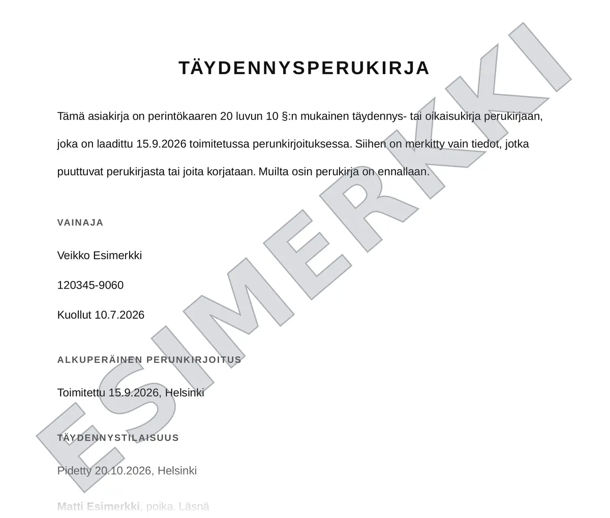 Täydennysperukirja – esimerkki valmiista asiakirjasta